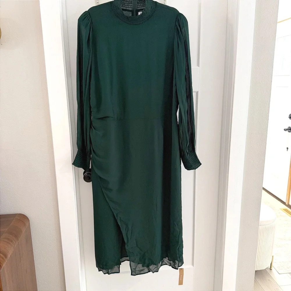 Reformation Aude High Neck Midi Dress Forest Green Sleeve Womens 18 NWT Classy - Picture 1 of 7